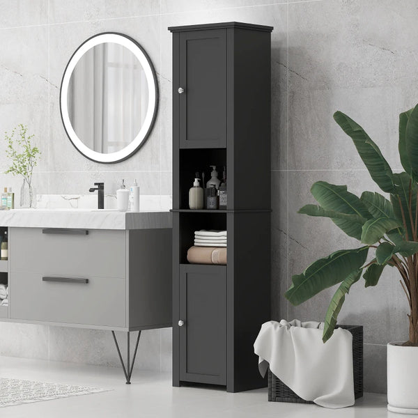 Freestanding bathroom storage unit with shelves and 2 cupboards, black
