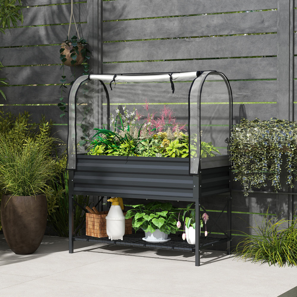 Raised planter with lid, lower shelf and liner, dark grey