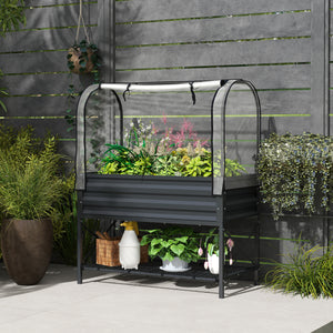Raised planter with lid, lower shelf and liner, dark grey
