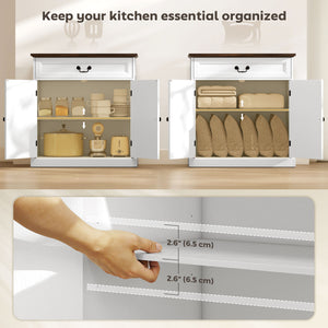 Farmhouse style buffet, thick top, soft-close drawer and adjustable shelf, white wood finish.