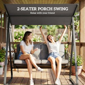 Outdoor 2-Person Patio/Porch Swing with Adjustable Canopy, Rattan with Soft Cushions