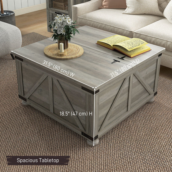 Farmhouse style coffee table with hinged lids, distressed gray