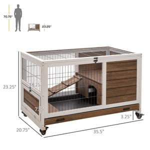 Wooden hutch with enclosed run and wheels, brown