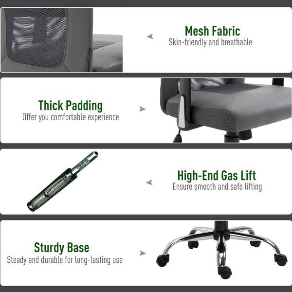 Ergonomic mesh office chair with thick padded headrest and armrests, grey.