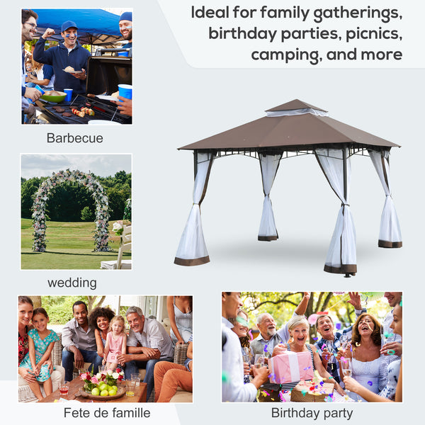 10' x 10' Double Tier Garden Gazebo Canopy Outdoor Sunshade Tent Anti-UV Roof with Metal Frame, Coffee