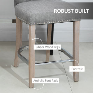 Set of 2 padded bar stools with tufted backrest, grey