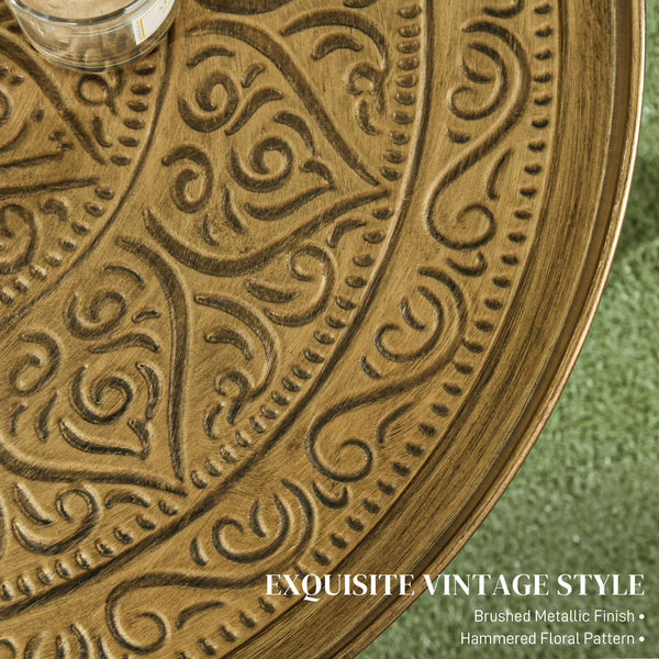 Vintage round coffee table with hammered top and metal frame, gold