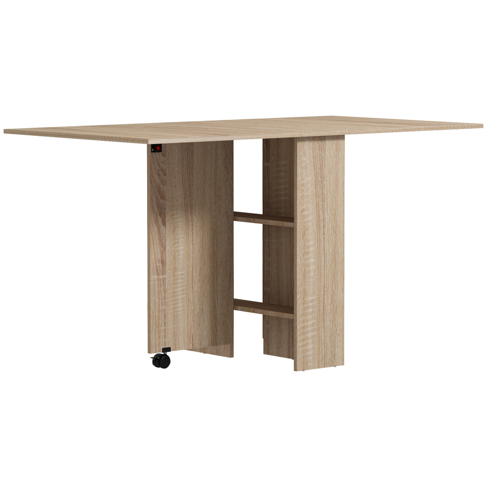 Folding Foldable Table with 2-Tier Shelves and Wheels, Natural Wood