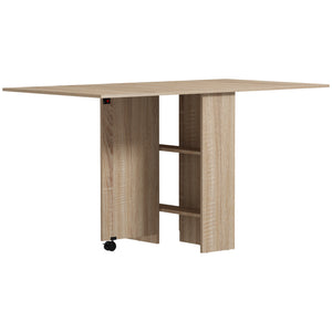 Folding Foldable Table with 2-Tier Shelves and Wheels, Natural Wood