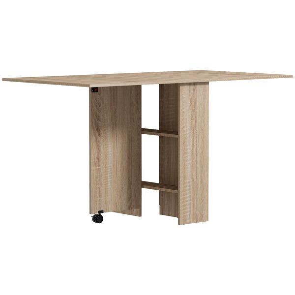 Folding Foldable Table with 2-Tier Shelves and Wheels, Natural Wood