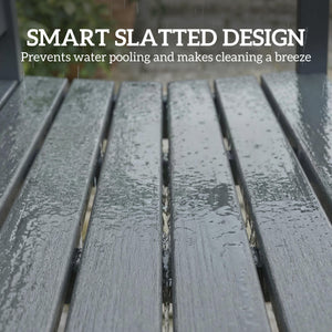 Weather-resistant outdoor bench made of HDPE, slatted seat for 2 people
