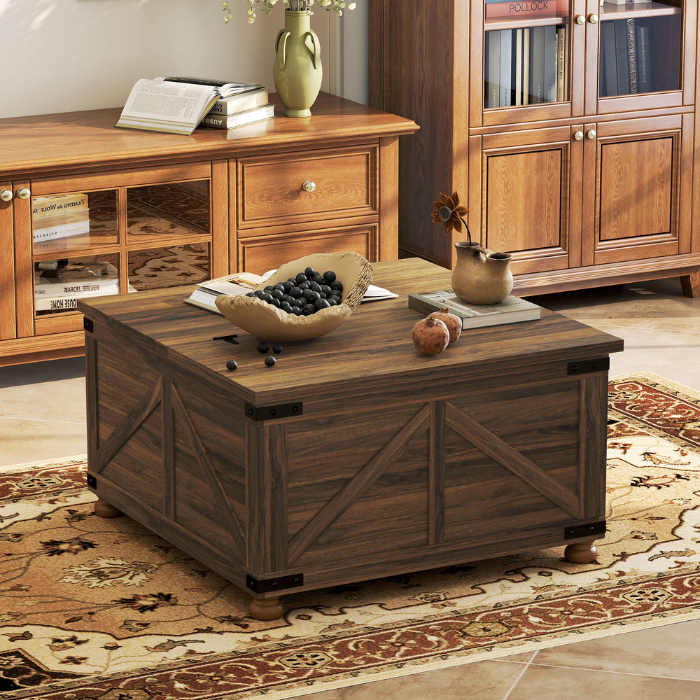 Country Style Lift Top Coffee Table with Hidden Compartment, Brown Wood Grain