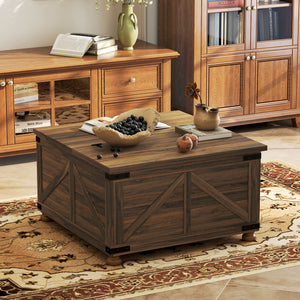 Country Style Lift Top Coffee Table with Hidden Compartment, Brown Wood Grain
