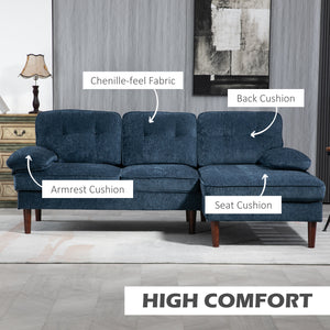 Modern corner sofa with right chaise longue with wooden legs, navy blue