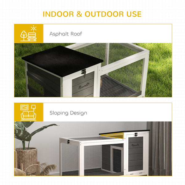 Wooden hutch with removable tray and asphalt lift-up roof, grey