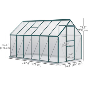 Green polycarbonate greenhouse with adjustable ventilated roof, galvanized base, sliding door and gutter