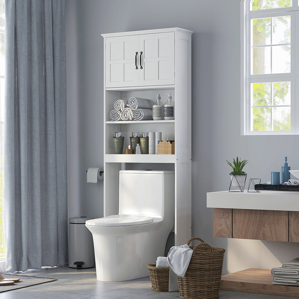 Modern storage unit with open shelves and double door cabinet, white