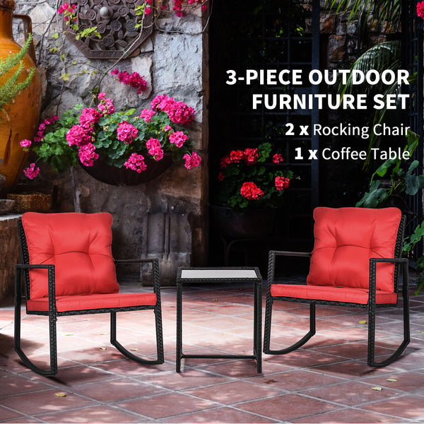 3-piece bistro set in woven resin with coffee table and rocking chairs, red