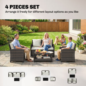 4-Piece Wicker Rattan Conversation Set with Two-Seater Sofa, Chairs and Two-Tier Table with Cushions, Beige.