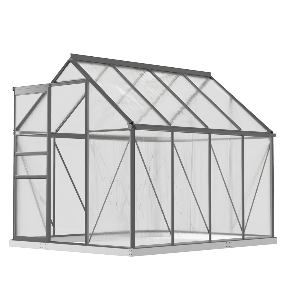 Greenhouse with adjustable roof ventilation, galvanized base, sliding door and gutter
