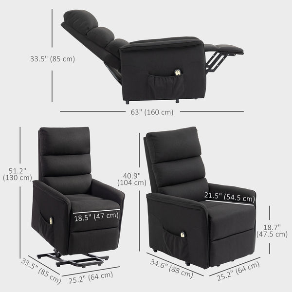 Electric Lift and Recliner Chair with Remote Control, Side Pockets, Black