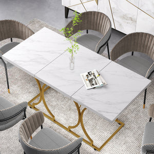 Dining table for 6 people, modern marble pattern kitchen table with metal pedestal, white
