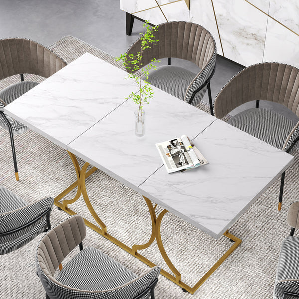 Dining table for 6 people, modern marble pattern kitchen table with metal pedestal, white