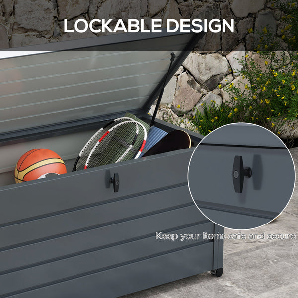Waterproof garden storage box with wheels and handles, dark grey