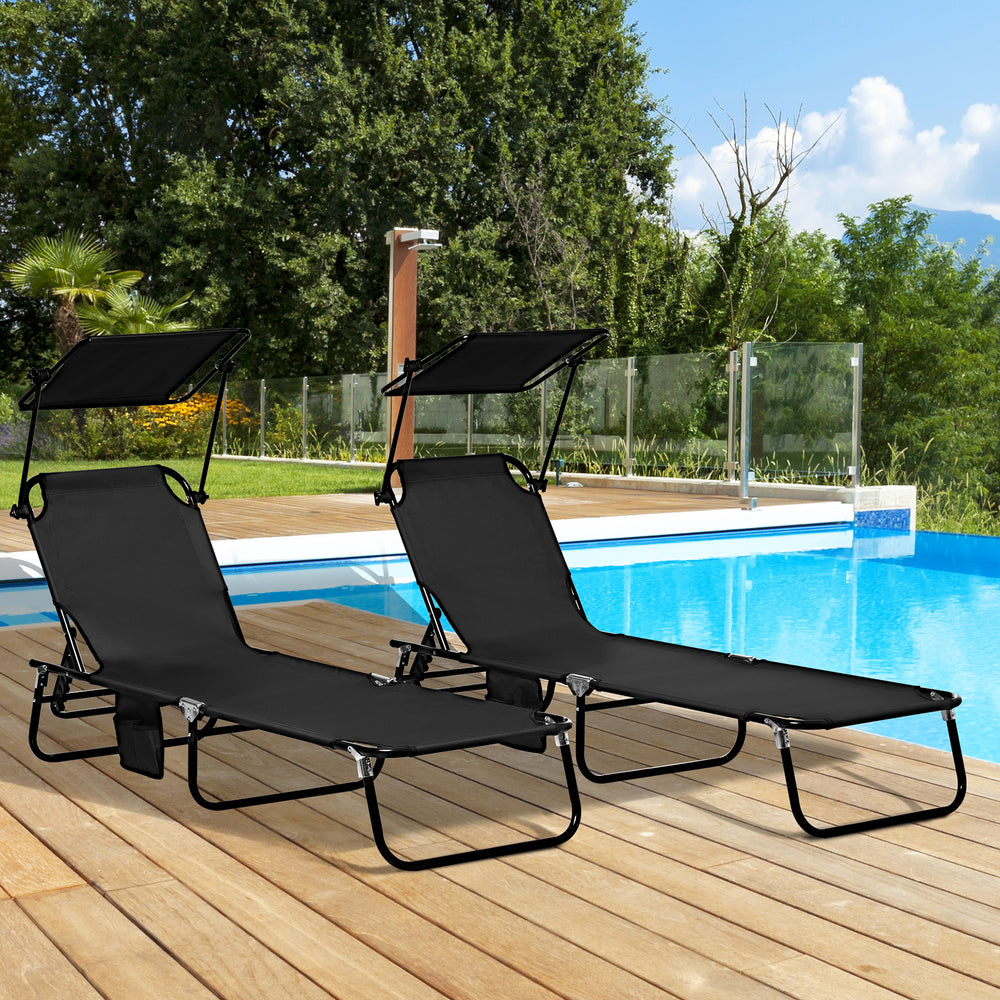 2 Piece Folding Outdoor Chaise Lounges, Pool, Sun, Tanning Chairs with Reclining Back, Sunshade for Beach, Patio, Black