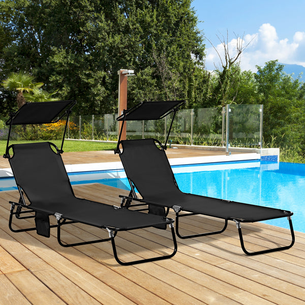 2 Piece Folding Outdoor Chaise Lounges, Pool, Sun, Tanning Chairs with Reclining Back, Sunshade for Beach, Patio, Black