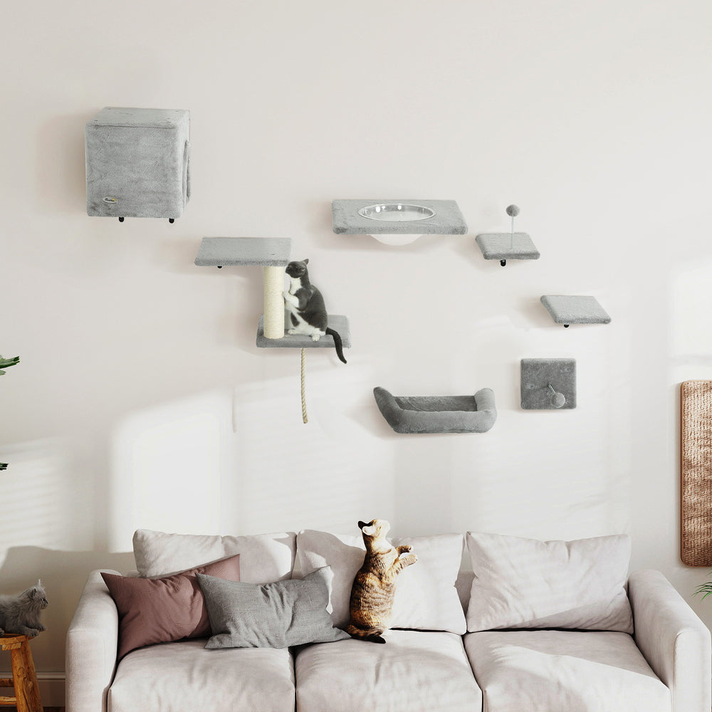 Set of 7 wall shelves and perches with house, grey