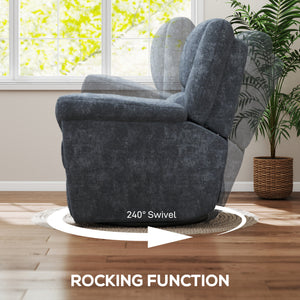Electric reclining chair, fabric upholstery, USB ports, swivel and rocking function, footrest, dark grey
