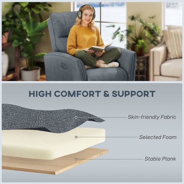 Electric reclining armchair, fabric upholstery, USB ports, footrest, anthracite grey