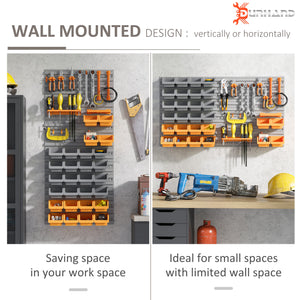 44-piece wall storage kit with storage bins, pegboard and hooks, plastic garage organizer, orange