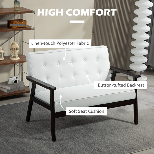 Modern upholstered 2 seater sofa with tufted back and wooden legs, cream white