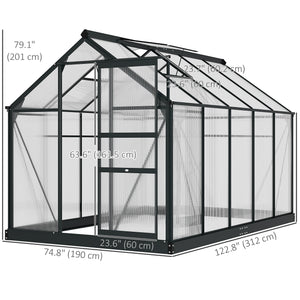 Polycarbonate greenhouse with gutter, vents and sliding door