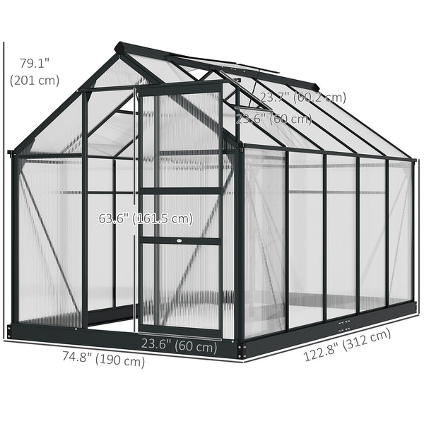 Polycarbonate greenhouse with gutter, vents and sliding door