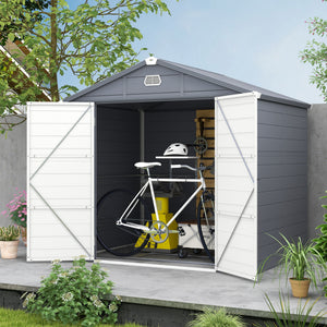 Plastic garden shed with latch door, vents, sloping roof, dark grey