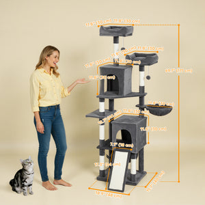178cm Multi-Level Cat Tree with 2 Cabins, 2 Perches, Hammock, Play Balls, Dark Grey
