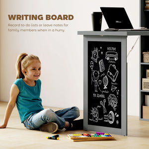 Wall-mounted, foldable, and convertible computer desk with blackboard, grey
