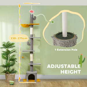 Cat tree with adjustable height from 229 to 274 cm, scratching posts, hammock, lounger and play ball, light gray