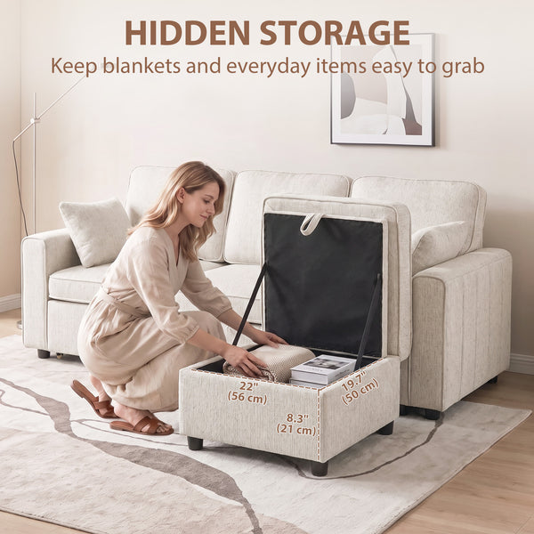 Modular sectional sofa bed with reversible storage ottoman and spring cushions, beige