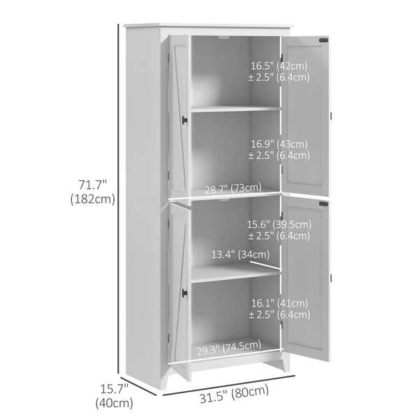 72" Freestanding Storage Cabinet with Doors and Shelves, White