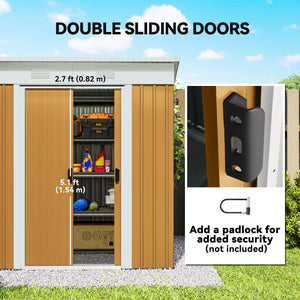 Metal garden shed with lockable sliding doors and ventilation, yellow