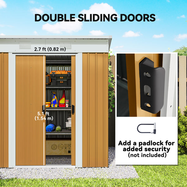 Metal garden shed with lockable sliding doors and ventilation, yellow