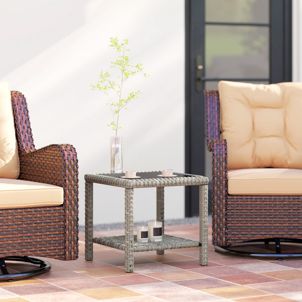 48cm Outdoor Wicker Coffee Table with Glass Top and Storage Shelf for Garden, Porch, Balcony, Patio, Dark Grey