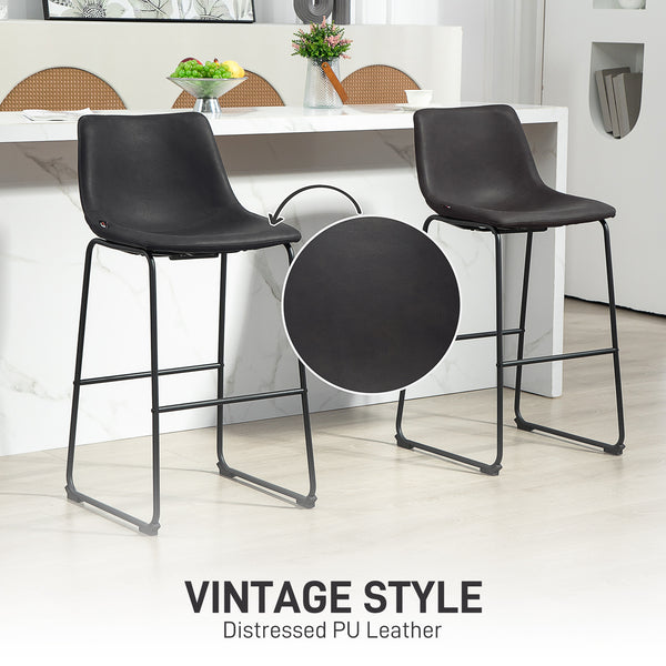 Set of 2 vintage PU leather bar stools, dark brown