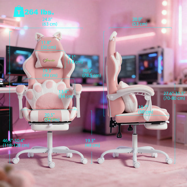 Gaming chair with cat ears and footrest, pink
