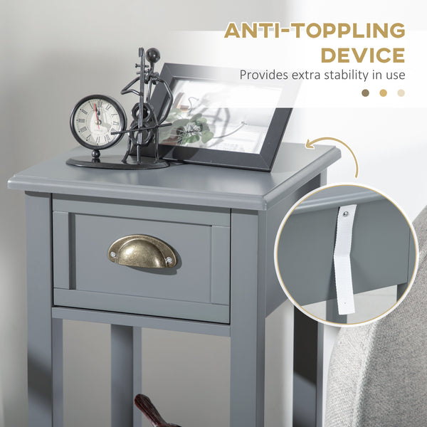 Set of 2 narrow bedside tables with drawer and shelf, gray