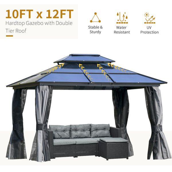 10 x 12 Gazebo with rigid aluminum roof, double slope, curtains and mesh side panels, black and grey